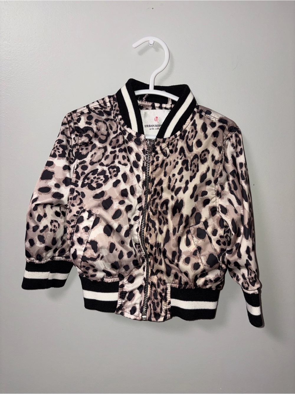 Urban Republic Girls Brown Leopard Sateen Bomber Jacket White Black Trim 18M